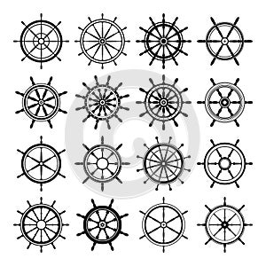 Collection of vintage steering wheels. Ship, yacht retro wheel symbol. Nautical rudder icon. Marine design element