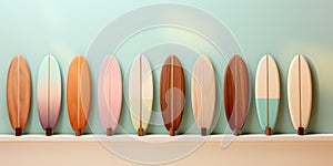 collection of vintage surfboards on a blue background. Generative AI