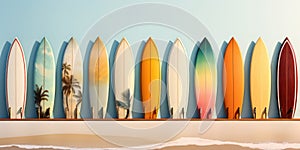 collection of vintage surfboards on a blue background. Generative AI