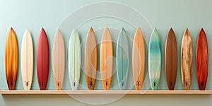 collection of vintage surfboards on a blue background. Generative AI
