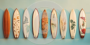 collection of vintage surfboards on a blue background. Generative AI