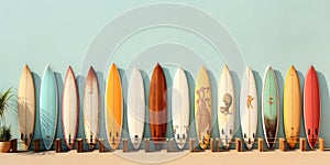 collection of vintage surfboards on a blue background. Generative AI