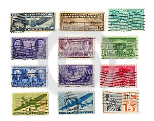 Collection of Vintage US Postage Stamps - Historical Airmail and Commemorative Issues Isolated on White