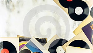 Collection of vintage vinyl records with artistic album covers. Classic LPs. Top view. Light textured backdrop. Concept