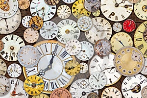 Collection of vintage weathered clocks and watches