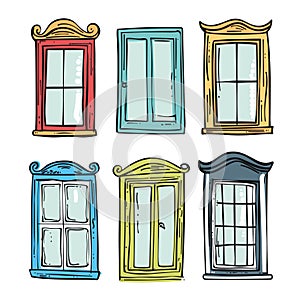 Collection vintage windows handdrawn doodle style. Colorful window frames, classic architectural