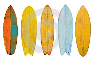 Collection of vintage wooden fish board shortboard surfboard isolated on white