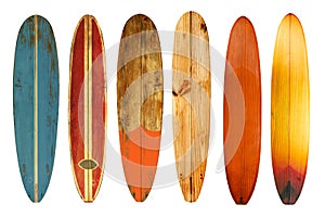 Collection of vintage wooden longboard surfboard