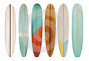 Collection of vintage wooden longboard surfboard