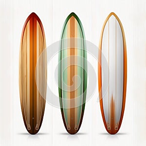 Collection of vintage wooden longboard surfboards, created with generative AI