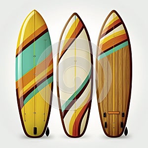 Collection of vintage wooden longboard surfboards, created with generative AI