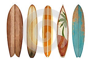 Collection vintage wooden surfboard isolated photo