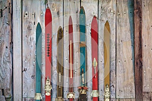 Collection of vintage wooden weathered ski's