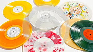 Collection of vinyl records on white background. Assortment of vinyl LPs. Top view. Copy space. Concept of music