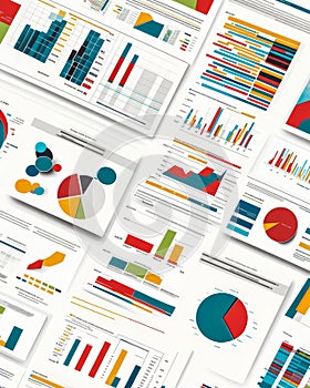 Colorful data visualizations and charts showcasing various statistics and trends