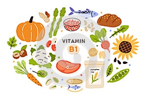 Collection of vitamin B1 sources. Food containing thiamin. Bread, nuts, vegetable, meat, fish, caviar, cereals. Dietetic products photo