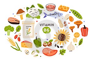 Collection of vitamin B6 food, sources. Nuts, mushrooms, fish and meat, vegetables, eggs, cereals. Dietetic products