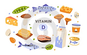 Collection of vitamin D sources. Food enriched with cholecalciferol. Dairy products, fish, mushrooms and eggs. Dietetic