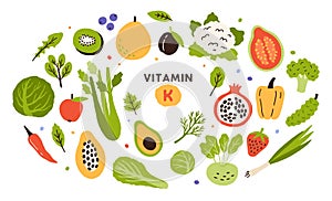 Collection of vitamin K sources. Fruits, green vegetables and berries. Dietetic products, natural organic nutrition photo