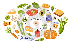 Collection of vitamin A sources. Healthy food containing carotene. Dairy products, greens, vegetable, fruits, fish