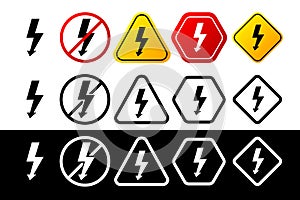 Collection of voltage warning signs in different color and design. Danger sign, warning sign, attention sign. Attention
