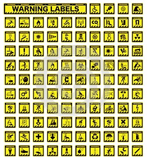 Collection of warning and safety signs. Set of safety and caution signs. Square yellow signs with the designation dangerous