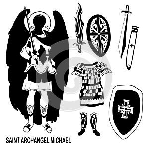 Collection of warrior and guardian St. Archangel Michael, armor, sword and chain mail. Vector illustration. Outline