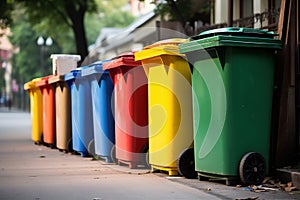 Collection of waste bin outdoor. Closeup of colorful waste sorting can for recycling and separate waste collection
