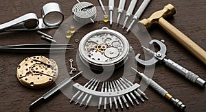 A collection of watchmaking tools and components arranged on a wooden surface.