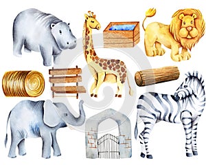 Collection of watercolor animals, elements and attributes of the zoo