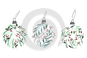 Collection of watercolor Christmas globes with leaves and winter berries decor on white.