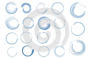 Collection of Watercolor circle, rings, dots from the bottom cup- real water paint on white paper in many strokes and