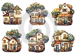 Collection of watercolor cute cartoon stone houses with trees, old european homes, mediterranea city buildings, isolated
