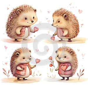 Collection of watercolor cute hedgehogs on a white background