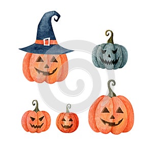 Collection of watercolor Halloween orange and blue pumpkins isolated on white background.