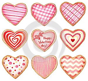 Collection of watercolor heart shaped cookies and candies decorated with glaze on white background for Valentine`s day designs