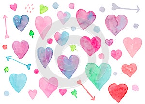 Collection of watercolor hearts for Valentines day