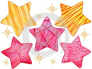Collection of watercolor red-orange five-pointed stars with patterns highlighted on a white background
