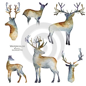 Collection of watercolor silhouettes of deers