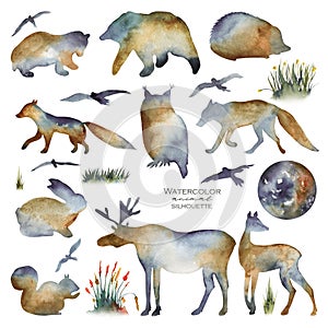 Collection of watercolor silhouettes of forest animals bear, owl, fox, wolf, deer, hare, birds, hedgehog, squirrel, elk