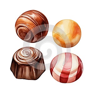 Collection Watercolor of sweet chocolate candies great for cards, banners, headers, party posters or decorate your