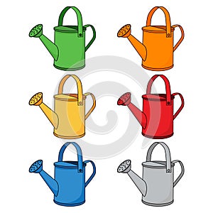 Collection of watering can icons. Cartoon colorful watering cans isolated on white background. Set of gardening tools to water