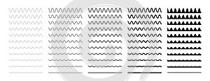 Collection of wavy or zigzag lines. Horizontal thin lines wave. Dotted line. Big set black color. Vector illustration