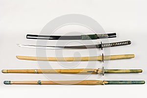 A collection of weapons for training, equipment for Japanese sport Iaido and Kendo.