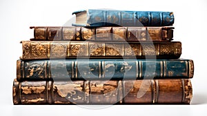 Collection of weathered old books gracing a pristine white surface, timeless knowledge preserved beautifully