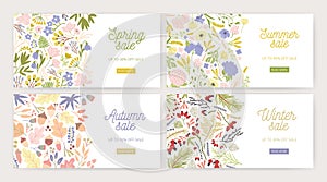 Collection of web banner templates with gorgeous blooming flowers, plants, leaves, berries and place for text on white