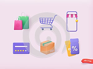 Collection of web icons for online store. Basket, delivery, gift, promotion, payment, card, bonus, discounts. 3D Web Vector