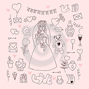 Collection wedding doodles. Cute girl bride in wedding dress with veil and bouquet, gifts and ring, cupid arrows, cake