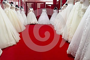 Collection of wedding dresses in the shop. Wedding dresses in a shop. Beautiful wedding dresses on a mannequins