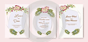 Collection wedding invitation card vintage set pink roses watercolor